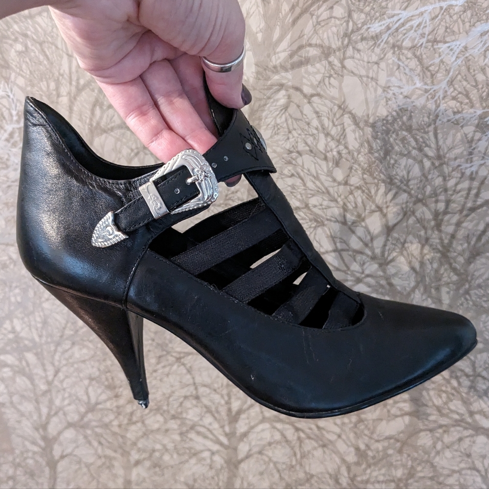 80s VTG 6/7 Black leather strappy heels ankle boots with Metal Buckle Witchy
